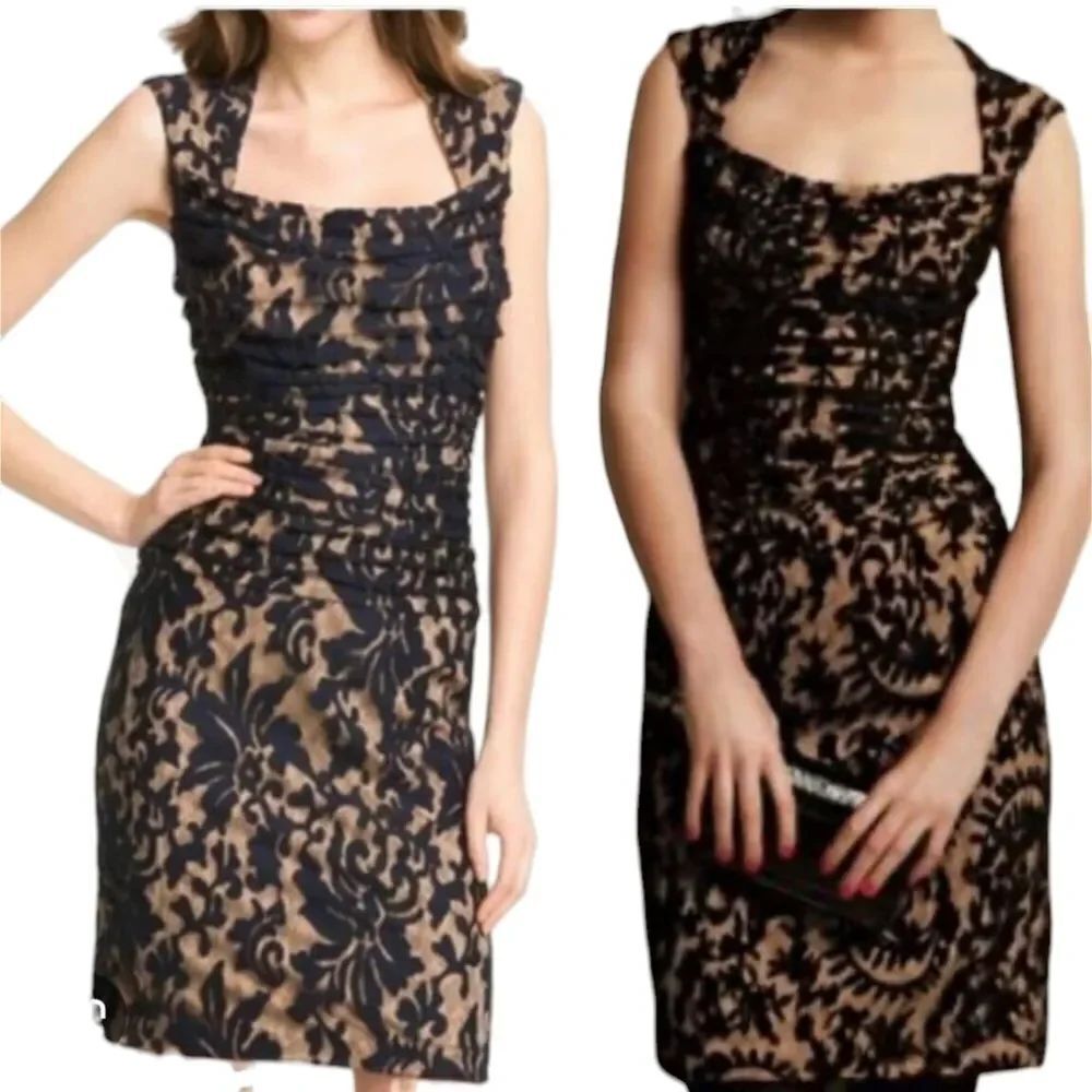 Tadashi Shoji Black Tan Lace Overlay Mini Dress Romantic Square Neck Size 6